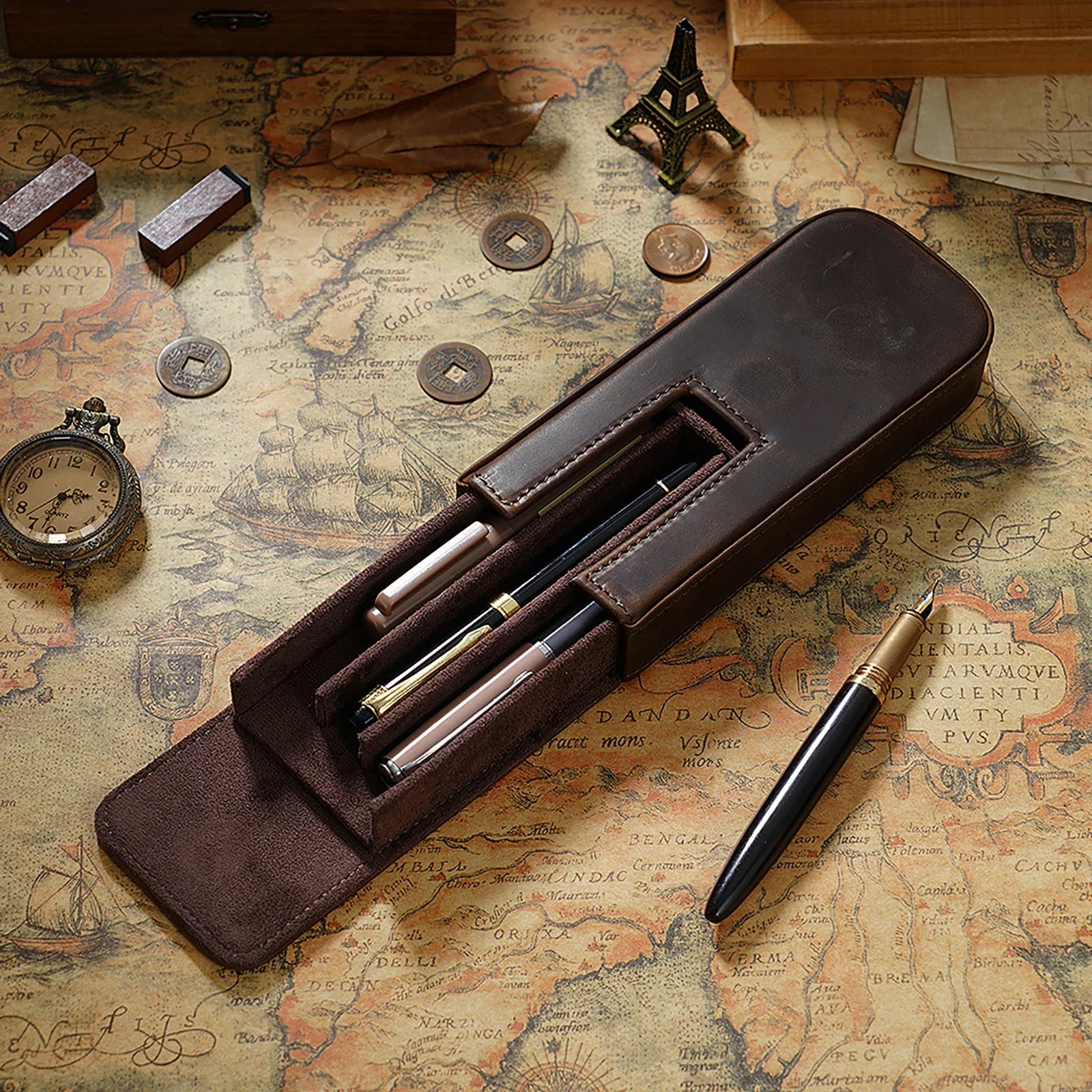 Echtes Leder Füllfederhalter-Etui mit Magnetverschluss – Crazy Horse Leder Pen Case für 3 Stifte mit herausnehmbarem Einsatz