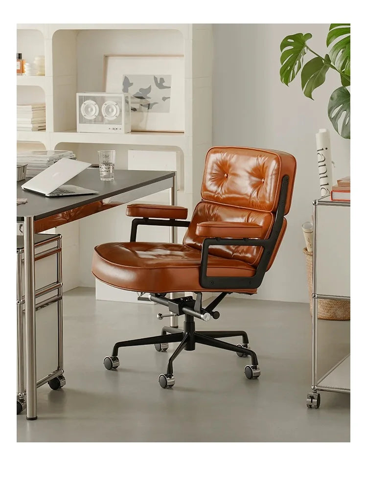 Eleganter Büro- & Lounge-Stuhl aus Echtleder – Drehbarer Office Chair mit Aluminiumgestell, Rollen & Gaslift für Büro & Arbeitszimmer