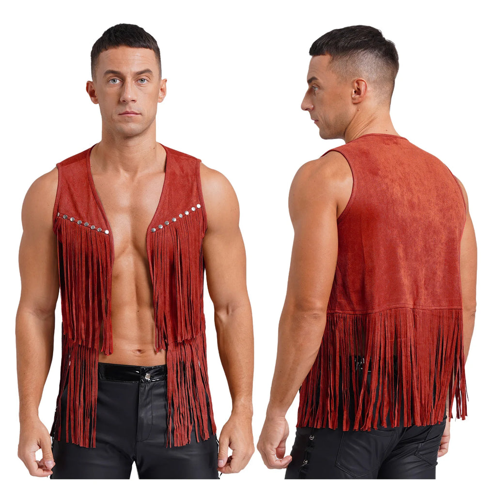 Braune Herren Lederoptik Fransenweste – Vintage Western Cowboy Weste mit Tasseln, Ärmellose Streetwear & Cosplay Waistcoat