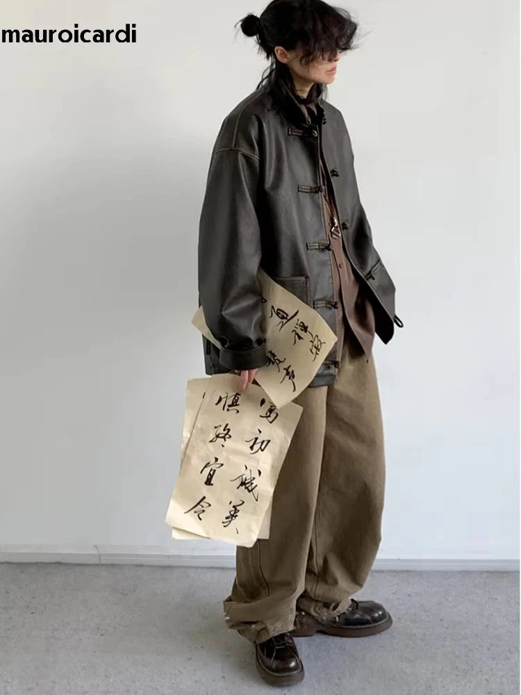 Mauroicardi Herren Oversized PU Lederjacke – Vintage Distressed Designerjacke mit Stehkragen im chinesischen Stil für Frühling & Herbst