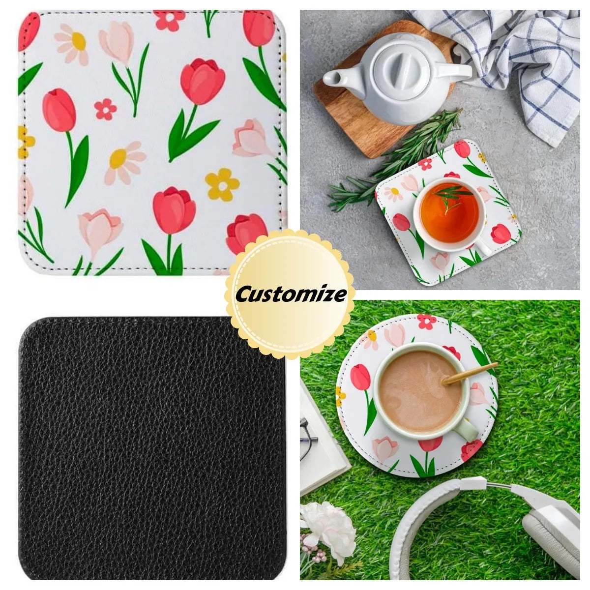 Personalisierte PU-Leder Untersetzer 10 cm (4 Zoll) – Runde oder quadratische Getränkeunterlagen mit Wunschdesign | Stilvolle Geschenkidee für Hochzeit & Zuhause