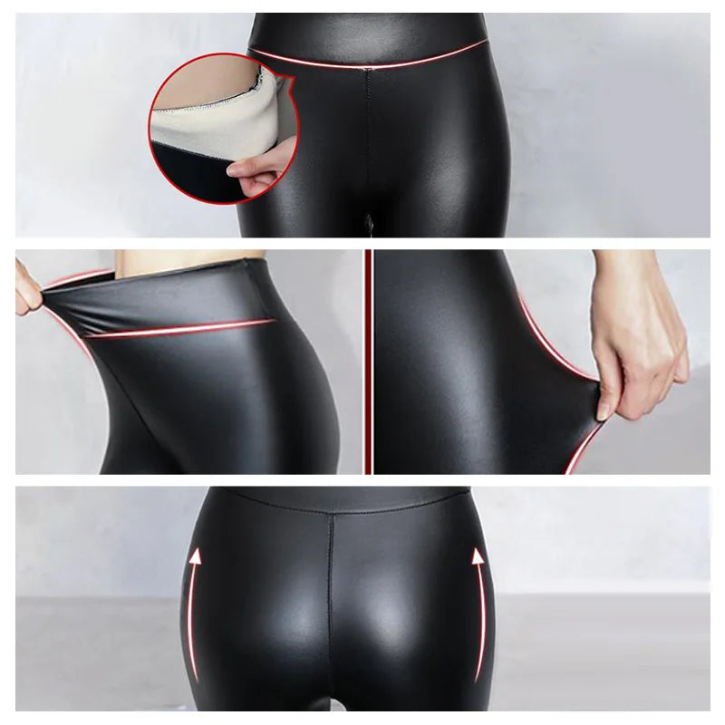 Leggings de invierno para mujer de PU con cintura alta – Leggings térmicos con forro polar, elásticos y cálidos Passform 