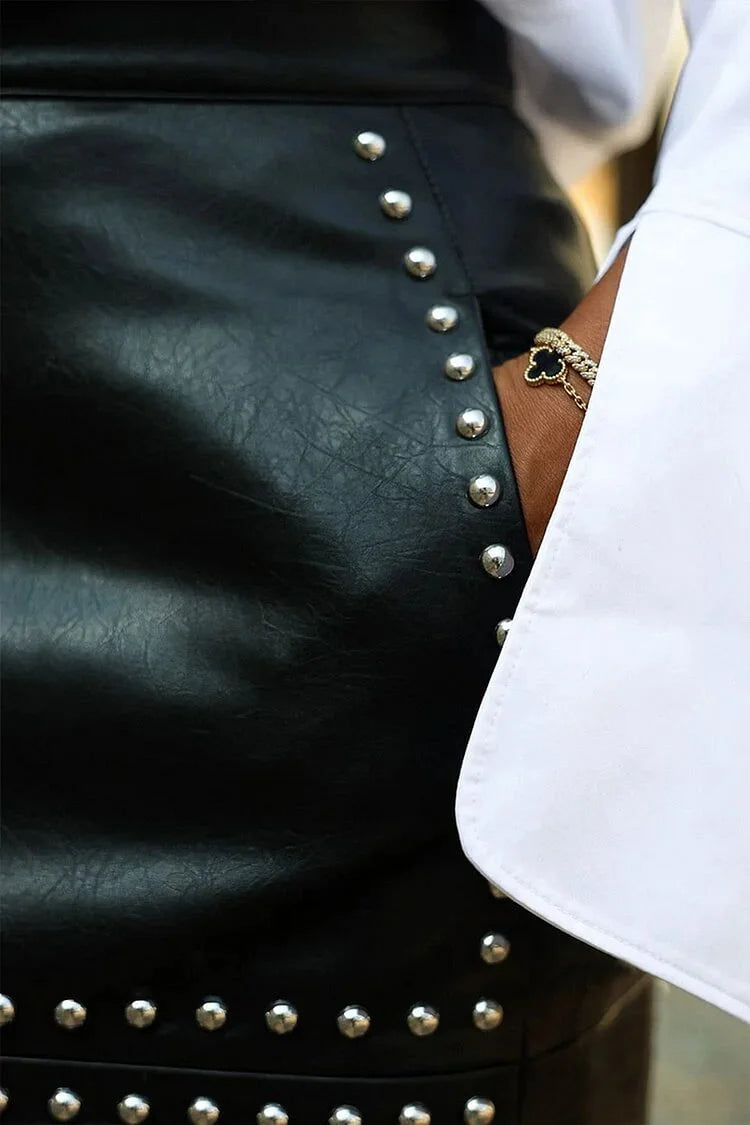 Damen Plus Size PU Leder Rock – High-Waist Midirock mit Schlitz & Ziersteinen, figurbetonter Streetwear Rock im British Style