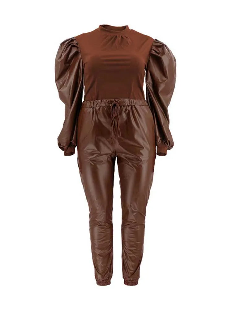 Damen Plus Size Zweiteiler Herbst &amp; Winter - Conjunto de patchwork de PU &amp; Strick mit Oberteil und Lederlook-Hose, Große Größen 2XL–5XL