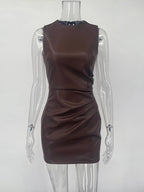 TARUXY Sleeveless Leather Maxi Dress For Women Tight Pleated Sexy Hip-Hugging Dress Vestido Solid High Waist Party Female Dress