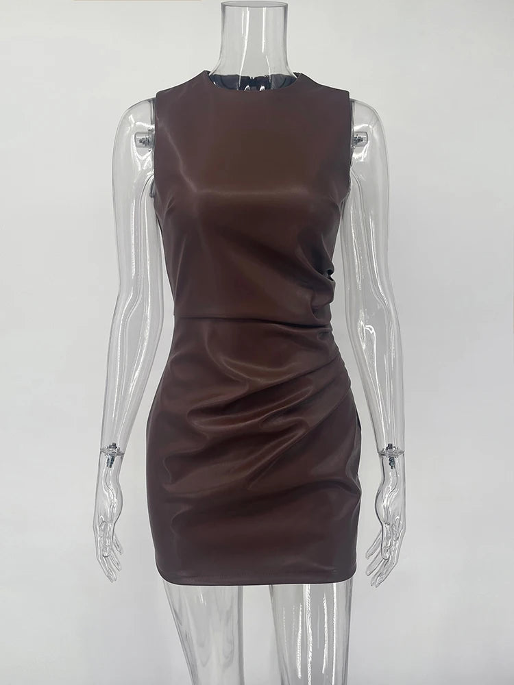 TARUXY Sleeveless Leather Maxi Dress For Women Tight Pleated Sexy Hip-Hugging Dress Vestido Solid High Waist Party Female Dress