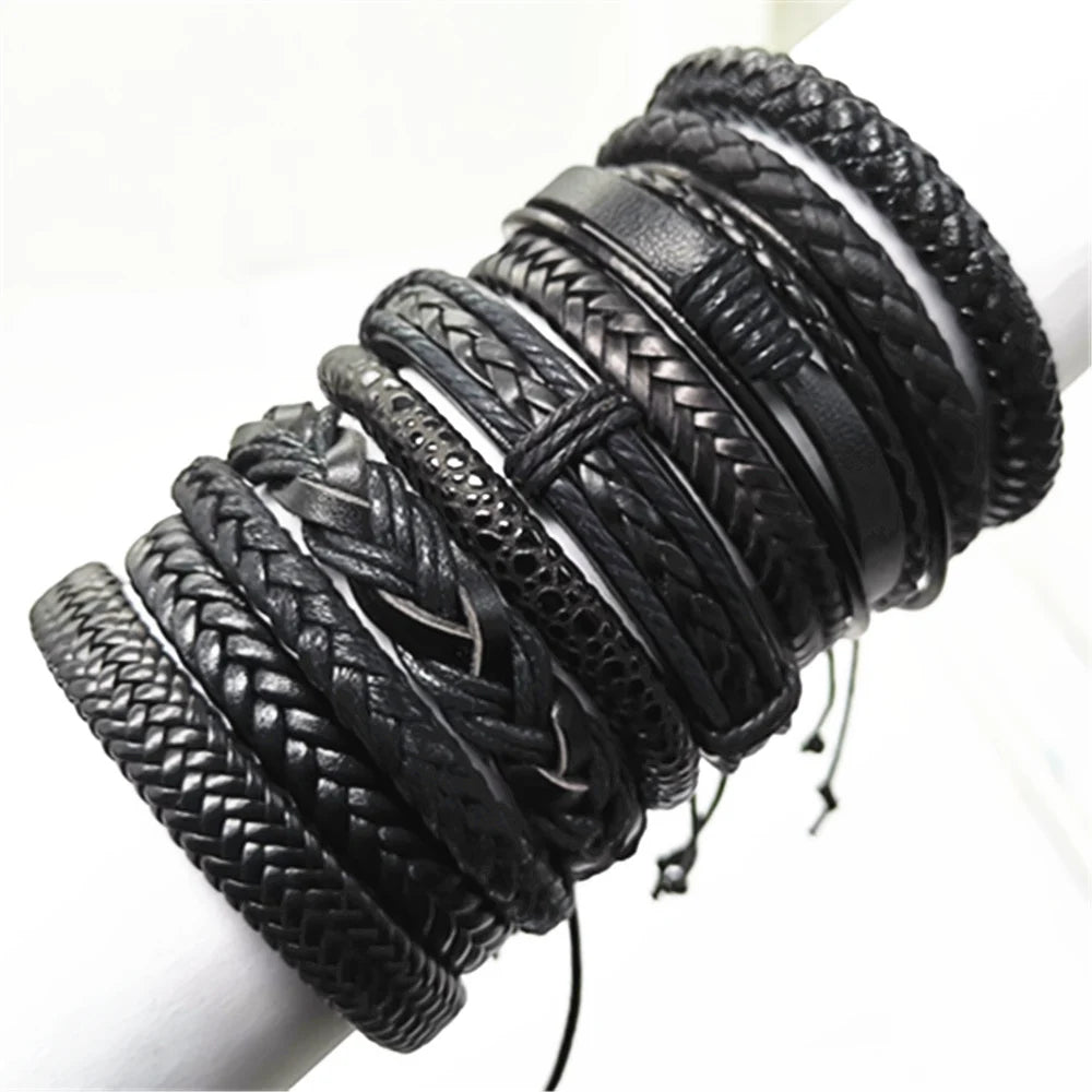 10er Set Lederarmbänder Unisex – Handgefertigte schwarze Wickelarmbänder im Casual & Sporty Style, größenverstellbar