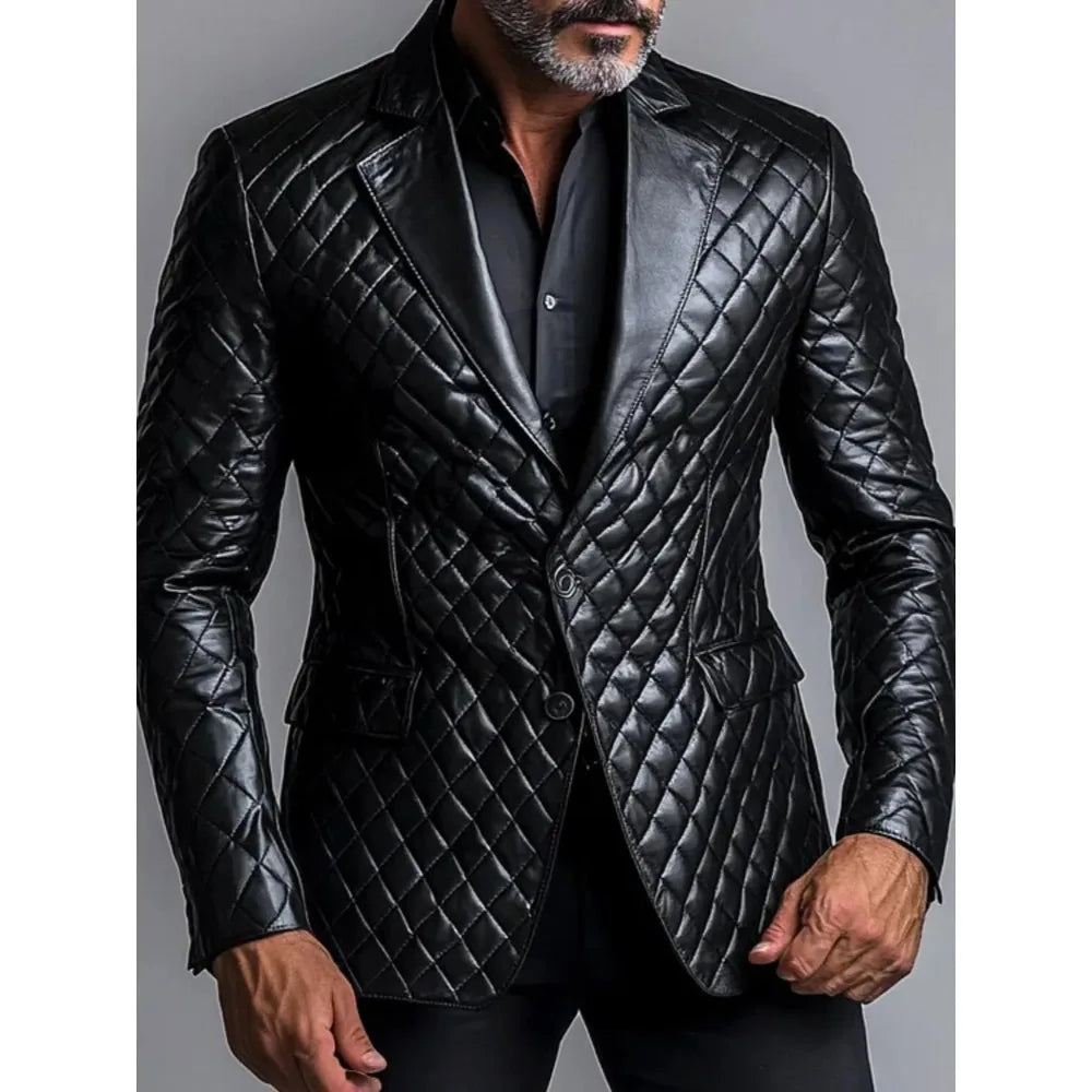 Herren PU-Leder Blazer mit Revers – Einreihige Business Jacke mit langen Ärmeln für Büro & Alltag, Herbst & Winter