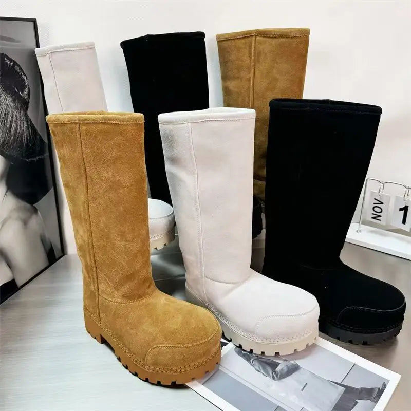 Damen Snow Boots mit dicker Plateausohle – Warme Winterstiefel aus Leder- & Felloptik, gefüttert & wasserdicht, auch in großen Größen