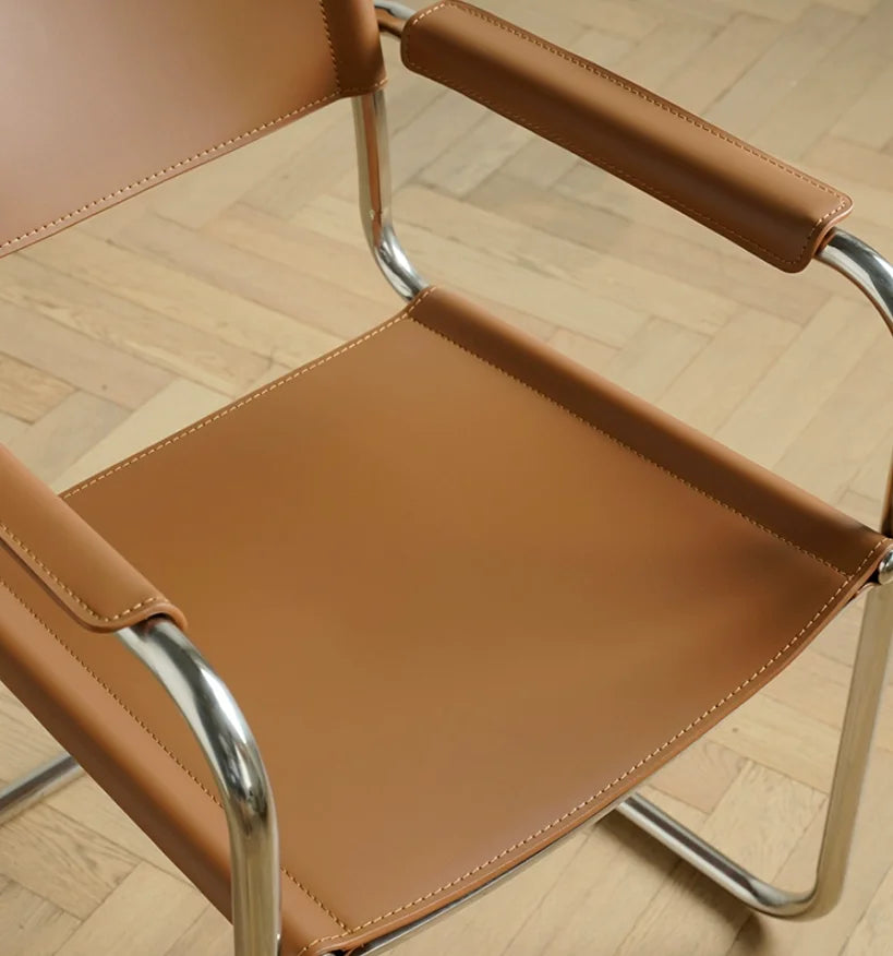 S34 Bauhaus Freischwinger Lounge Chair – PU-Sattelleder & Edelstahlrahmen, Cantilever Armchair für Wohnzimmer