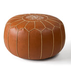 Marokkanischer PU Leder Pouf – Handbestickter runder Ottoman &amp; Fußhocker Bezug ohne Füllung, dekoratives Bodenkissen (50×50×25 cm)