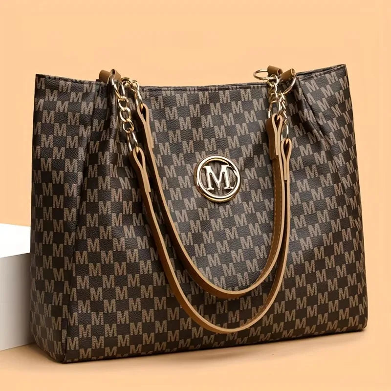 Vintage Geometrische Damen Tote Bag aus Kunstleder – Schultertasche mit Letter „M“ Design, große Shopping- & Reisetasche