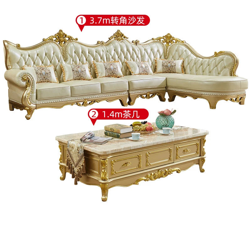 Europäisches Leder Ecksofa im französischen Stil – Massivholz Wohnzimmersofa in Champagner-Gold, L-Form Kombination