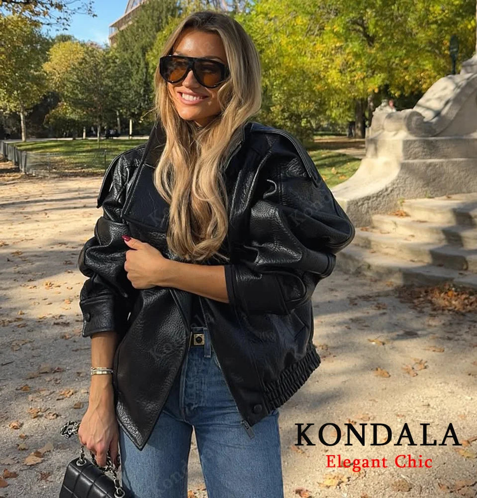 Damen PU Lederjacke mit Stehkragen – Pilot Jacke mit Reißverschluss, Streetwear Herbst Winter 2025