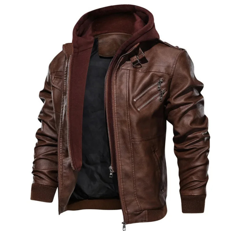Herren Fake-Two PU Lederjacke mit Doppelreißverschluss – Warme Bikerjacke mit abnehmbarer Kapuze für Herbst & Winter