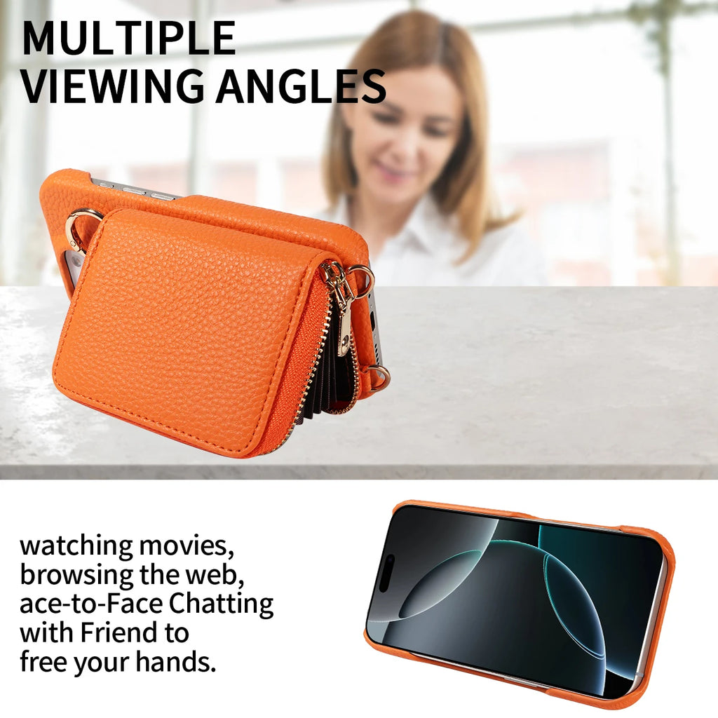 Hochwertige Faux-Leder Umhänge-Handyhülle für iPhone 16e 16 15 14 13 12 11 Pro Max – Crossbody Wallet mit Kartenfach, Stoßfest & Anti-Degaussing