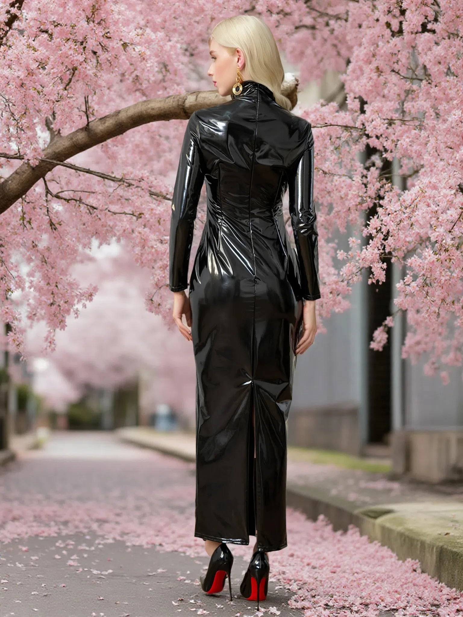 Zoom Zhou Damen PU Leder Maxikleid Plus Size – Elegantes Faux-Leder Kleid in Knöchellänge, figurbetonter Schnitt mit Stretch für jede Saison