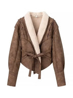 Damen Lederjacke mit Gürtel & Fellkragen – Elegante Streetwear Jacke mit Kapuze, Herbst/Winter Mode