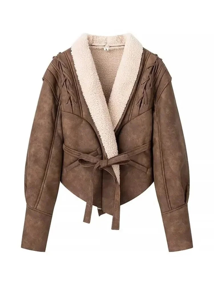 Damen Lederjacke mit Gürtel & Fellkragen – Elegante Streetwear Jacke mit Kapuze, Herbst/Winter Mode