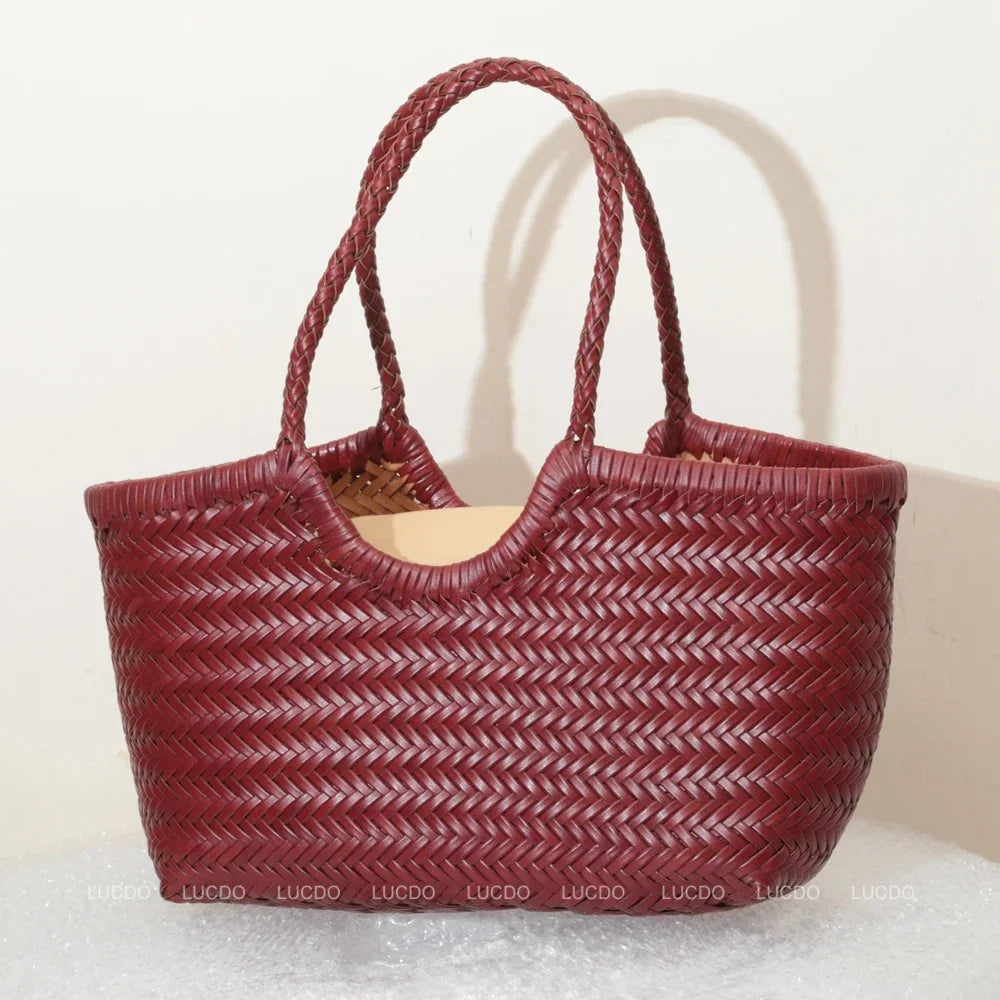 Damen Schultertasche aus echtem Leder – Handgeflochtene Vintage Tote Bag aus Rindsleder, große Shoppingtasche