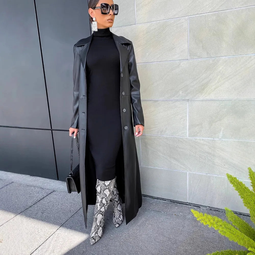 Damen Langer Kunstleder Mantel 2025 – PU Faux Leather Coat mit Reverskragen, Single-Breasted Verschluss & Splice-Design, Y2K Streetwear Jacke