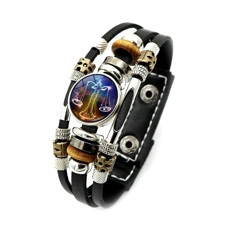 Sternzeichen Lederarmband mit Druckknopf – Zodiac Armband mit Glas-Cabochon für Damen & Herren, 12 Sternzeichen Unisex Schmuck