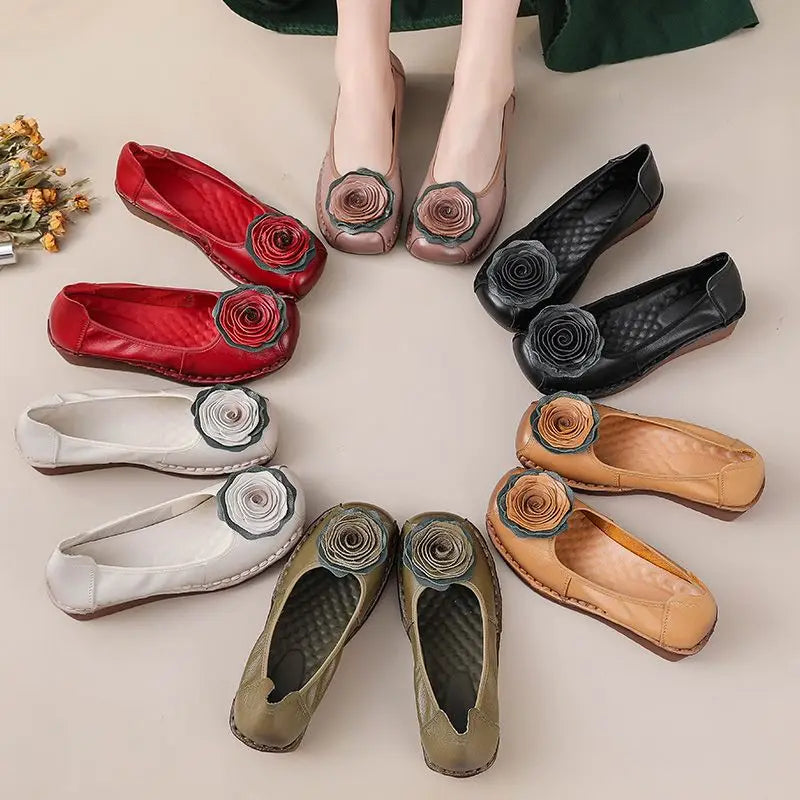 Lorilury Damen Leder Flats 2024 – Handgefertigte Blumen-Ballerinas aus echtem Rindsleder, Retro Wedged Loafers, Weiche Dressy Moccasins