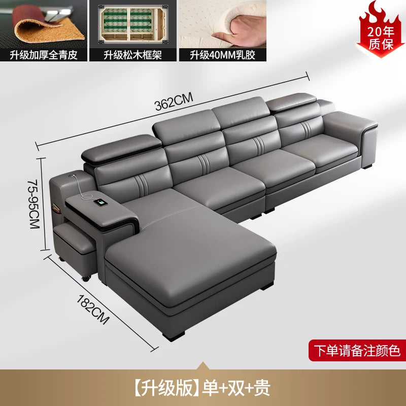 Smartes Leder-Ecksofa aus Rindsleder mit kabellosem Laden & Audio – Modernes Designer Sofa mit Massagefunktion und Stauraum