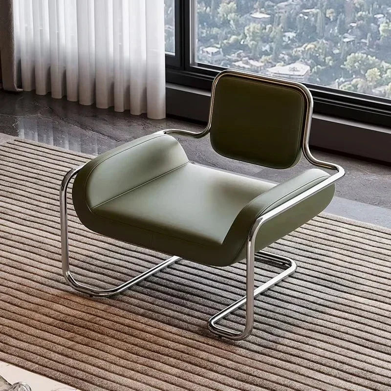 Nordischer Metall-Armlehnenstuhl mit Rückenlehne – Silla de salón individual de lujo de Leder &amp; Edelstahl, comodidad moderna 