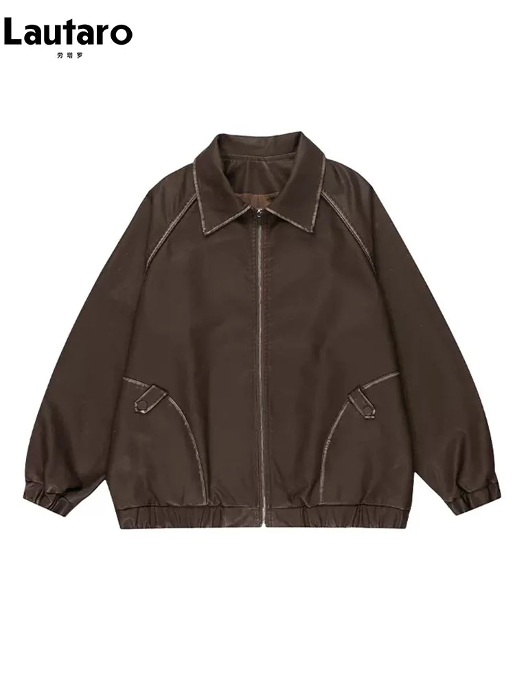 Lautaro Spring Autumn Cool Retro Oversized Distressed Black Soft Faux Leather Jackets for Women Zipper Maillard Style Clothes