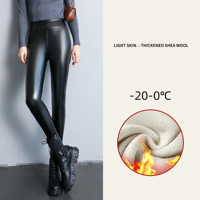 Damen Winter PU Lederleggings High Waist – Thermo Leggings mit Fleece-Futter, Stretch & warmer Passform