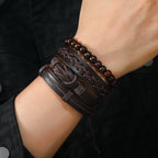 Vintage Lederarmband für Herren – Mehrfach geflochtenes Armband mit braunen Holzperlen, verstellbares Zugband im klassischen Stil