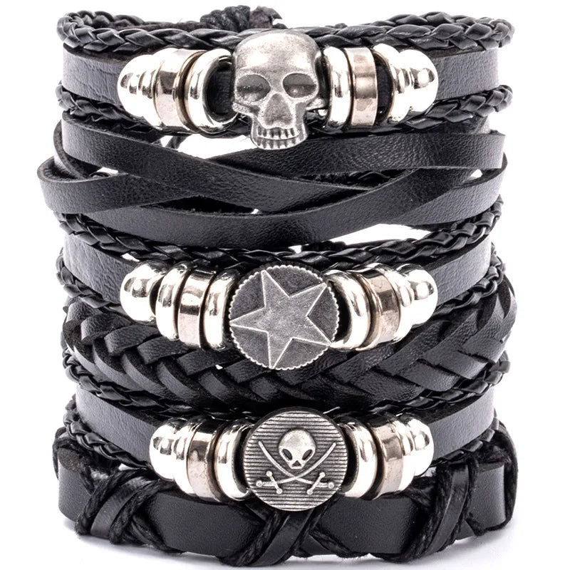 Viking Lederarmband mit Totenkopf – Verstellbares Herren- & Unisex Armband im Neo-Gothic Stil, Geflochtenes Lederarmband