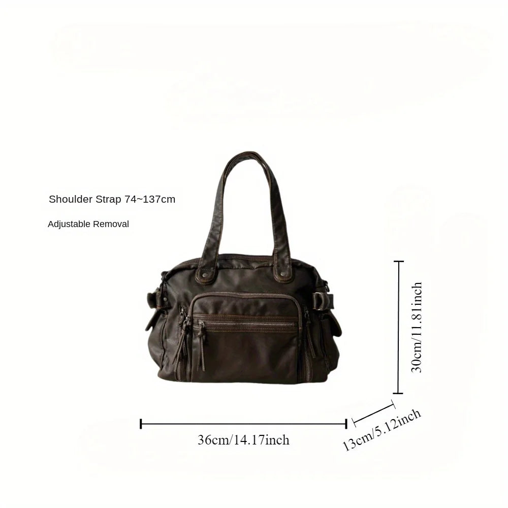 Retro PU-Leder Tote Bag – Motorrad-Style Umhängetasche mit Multi-Taschen & Großer Kapazität, Y2K Punk Damen Crossbody Bag