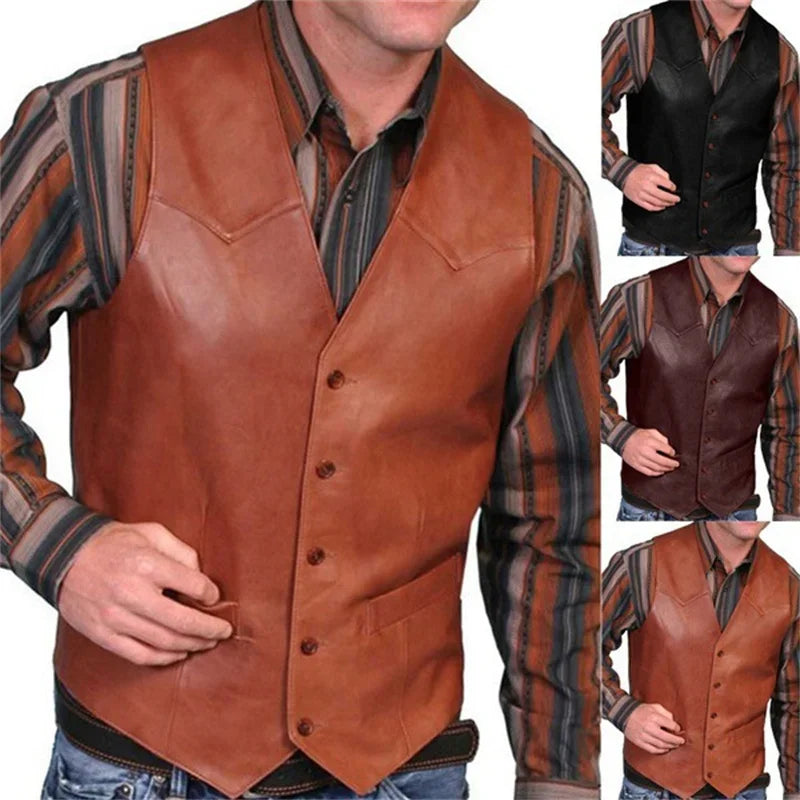 Herren Lederweste im Vintage-Stil – Motorrad Weste mit V-Ausschnitt, Western & Steampunk Look, Casual Gilet bis Größe 5XL