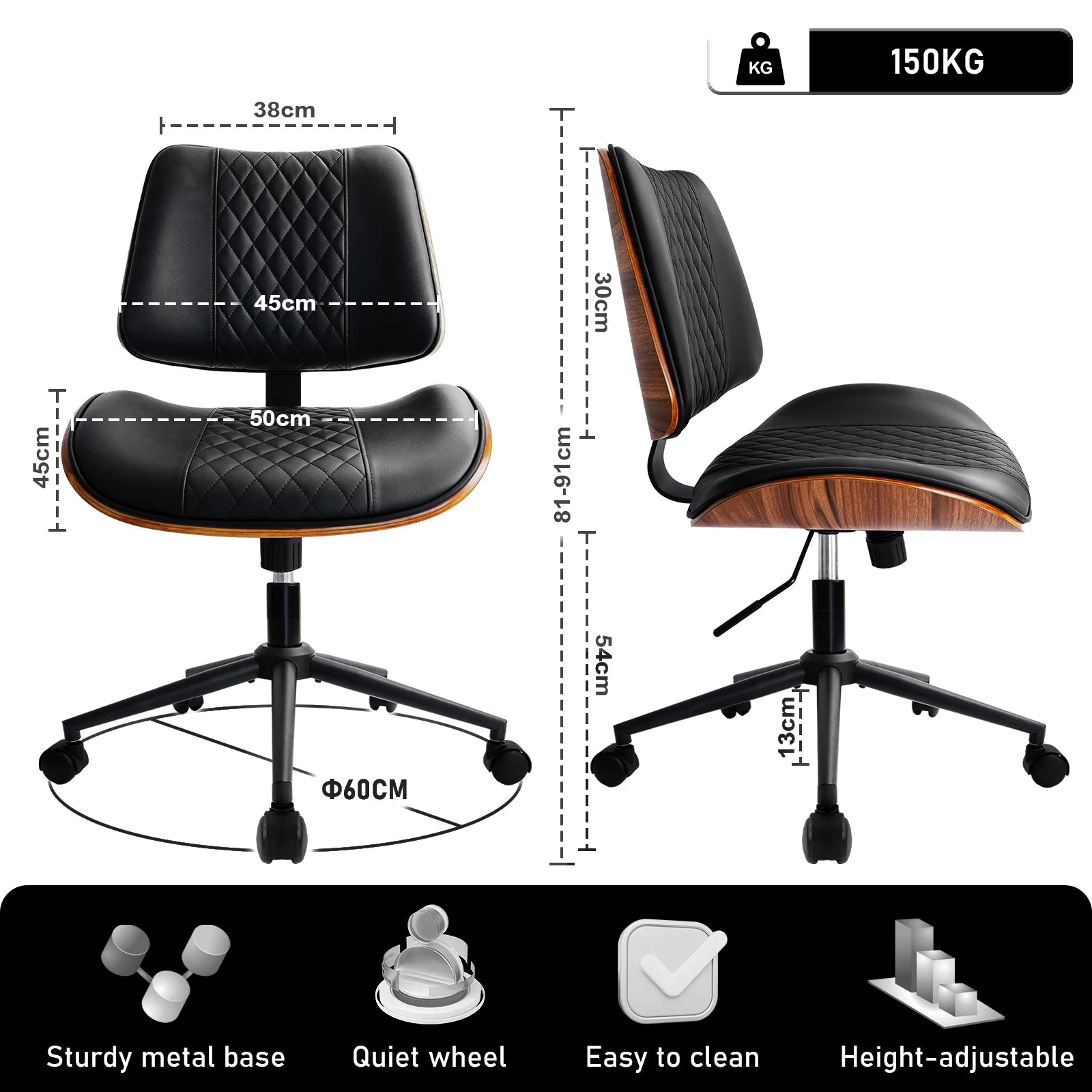 Durrafy Armloser Bürostuhl aus Leder – Moderner Schreibtischstuhl in Walnuss-Optik, höhenverstellbar & drehbar für Homeoffice