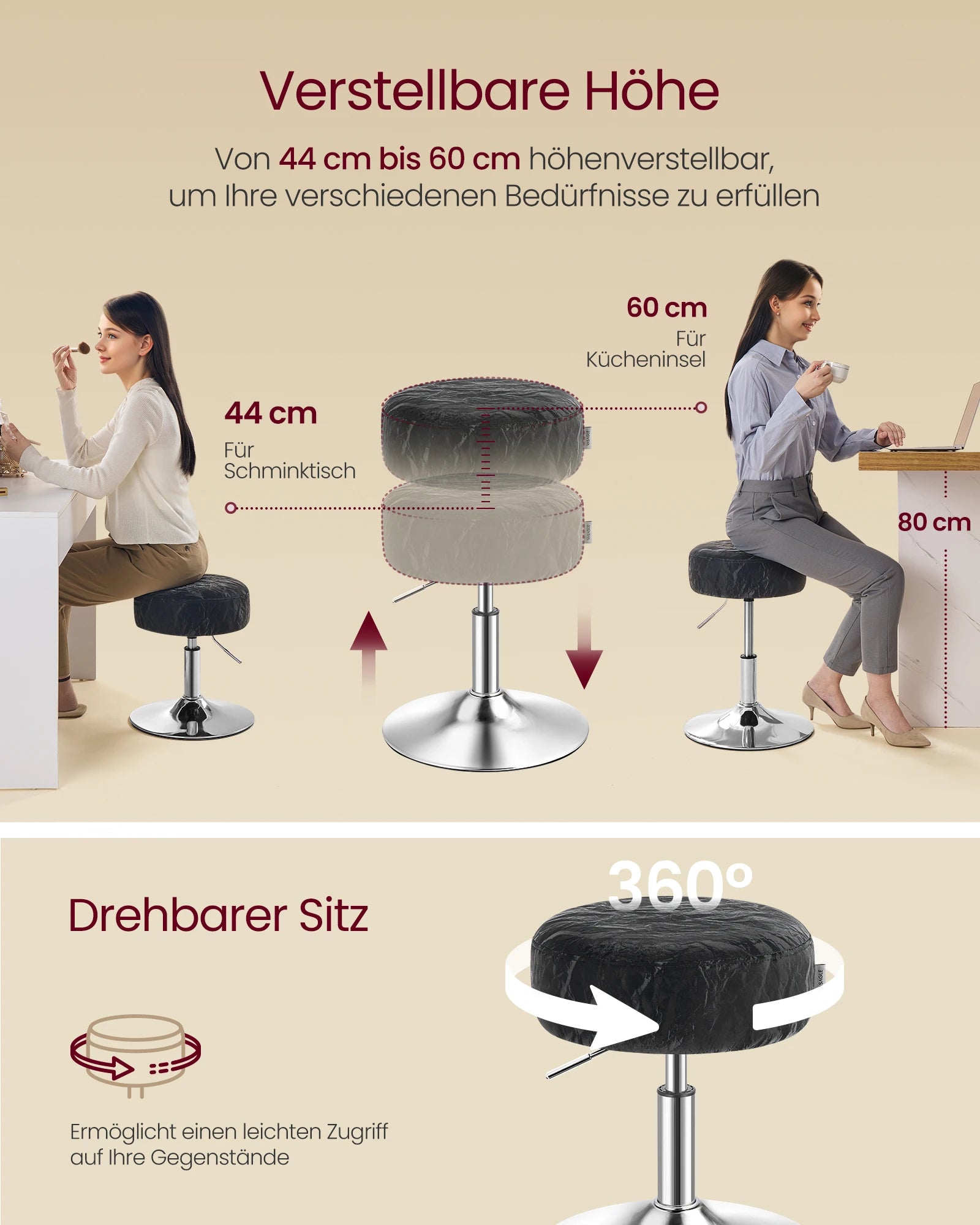 VASAGLE Make-up Hocker aus PU-Leder – Höhenverstellbarer 360° Drehstuhl mit extra dicker Polsterung für Schlafzimmer & Schminktisch