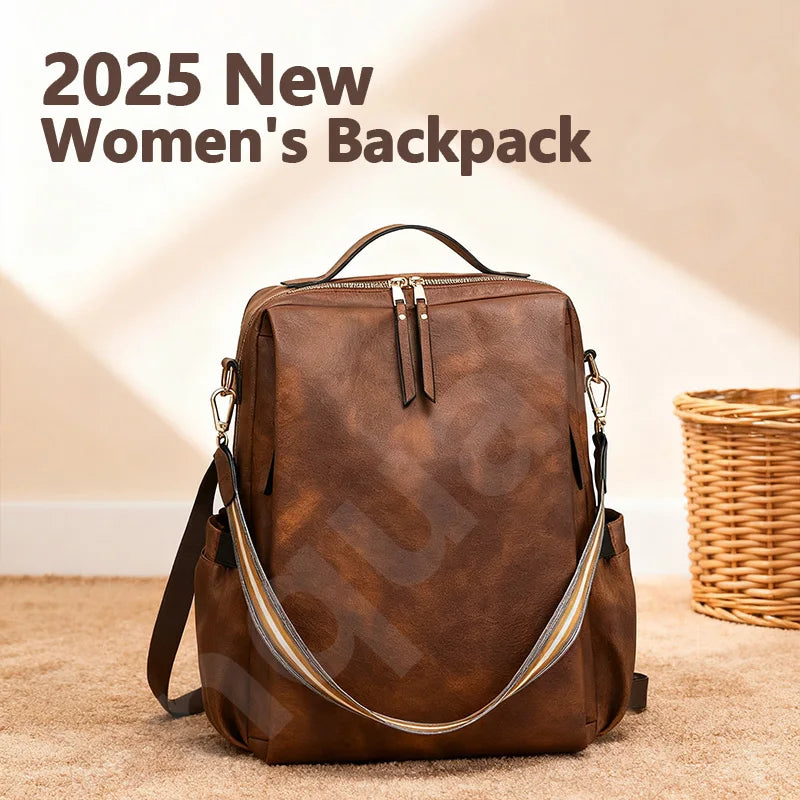 Großer Damen Laptop Rucksack aus PU-Leder – Wasserfester Anti-Diebstahl Retro Rucksack für Reise, Universität & Alltag (36–55 L)