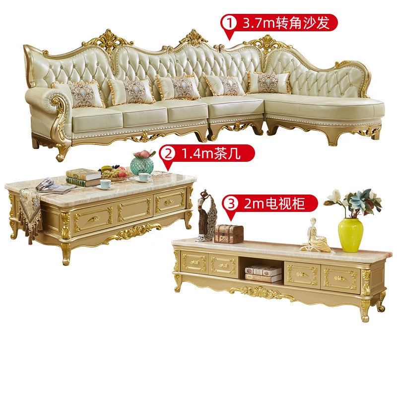 Europäisches Leder Ecksofa im französischen Stil – Massivholz Wohnzimmersofa in Champagner-Gold, L-Form Kombination