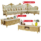 Europäisches Leder Ecksofa im französischen Stil – Massivholz Wohnzimmersofa in Champagner-Gold, L-Form Kombination