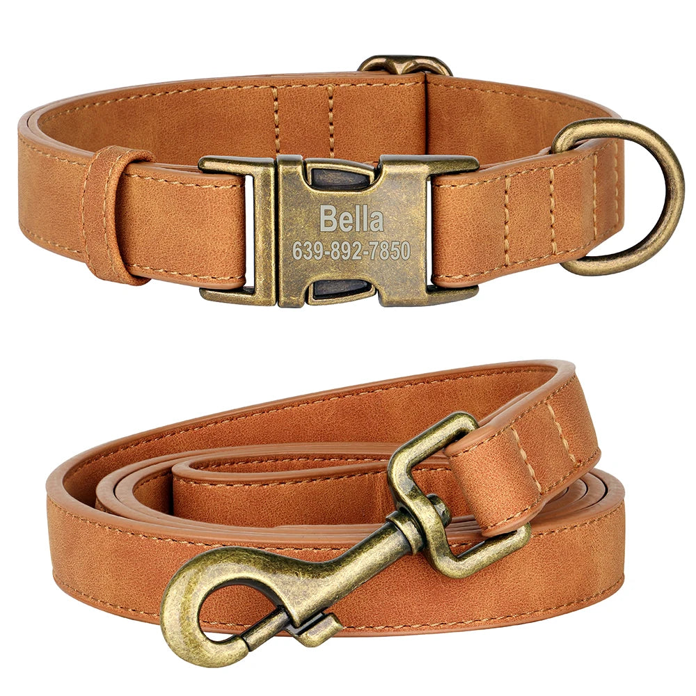 Personalisiertes Hunde-Halsband & Leinen-Set aus PU-Leder – Verstellbares Anti-Verlust Halsband mit gravierter Metallschnalle für kleine & mittelgroße Hunde