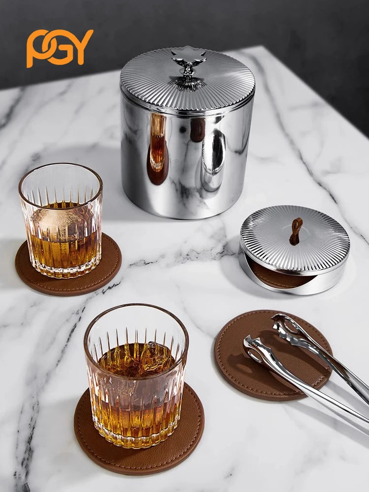 4er Set Luxus Leder Untersetzer mit Edelstahlbox – Premium Getränkeuntersetzer für Wohnraum, Bar & Büro