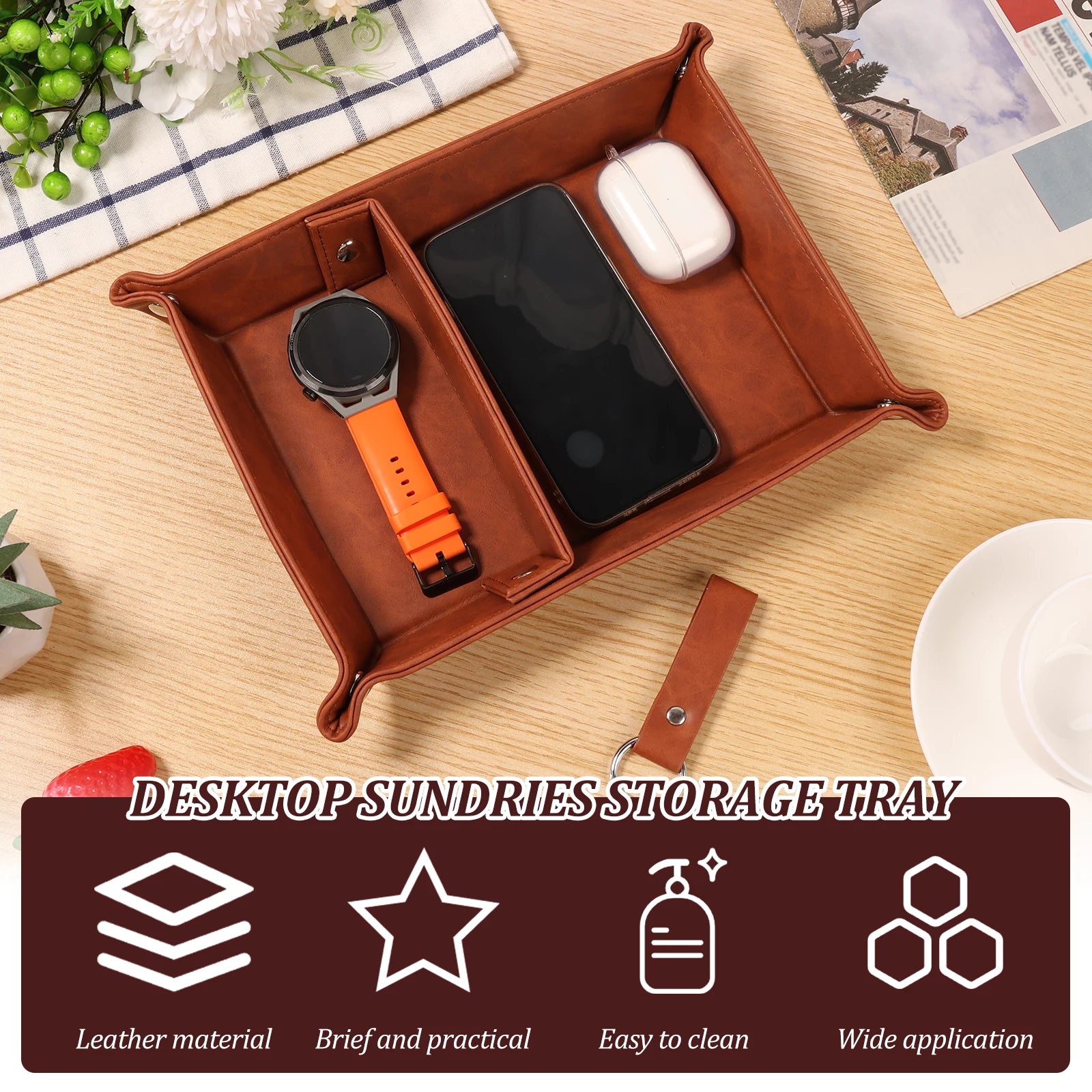 Faltbare PU Leder Ablageschale (Valet Tray) – Eleganter Desktop- & Nachttisch-Organizer für Schlüssel, Handy, Brille & Accessoires