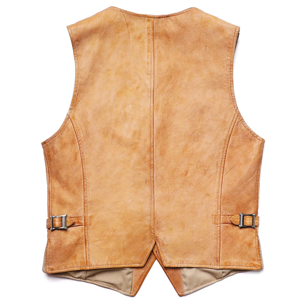 Retro Vintage Herren Lederweste aus Schafs- & Ziegenleder – Gelbe Slim Fit Weste mit V-Ausschnitt, kurz & ärmellos