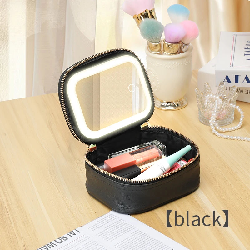 Sac de maquillage en cuir PU avec miroir LED – Sac cosmétique de voyage portable avec miroir de beauté et de rangement