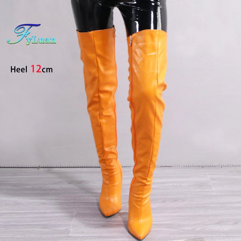 Damen Overknee Stiefel mit seitlichem Reißverschluss – Spitze Thigh-High Boots aus Lederoptik mit 12 cm Stiletto & Plateau (bis Größe 47)