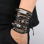 Conjunto de brazalete de cuero multicapa punk: brazalete gótico antiguo con encanto de totenkopf, Augen y Stern en estilo rock Y2K para hombres