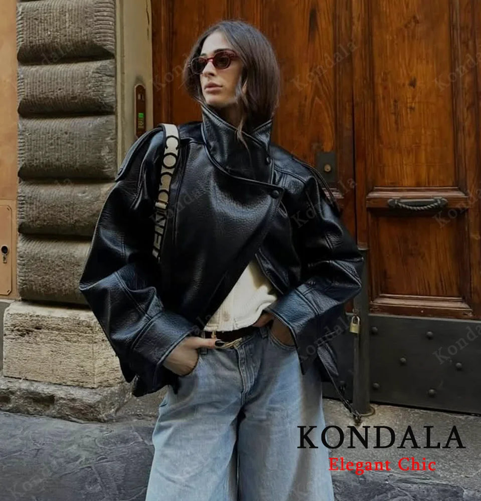 Damen PU Lederjacke mit Stehkragen – Pilot Jacke mit Reißverschluss, Streetwear Herbst Winter 2025