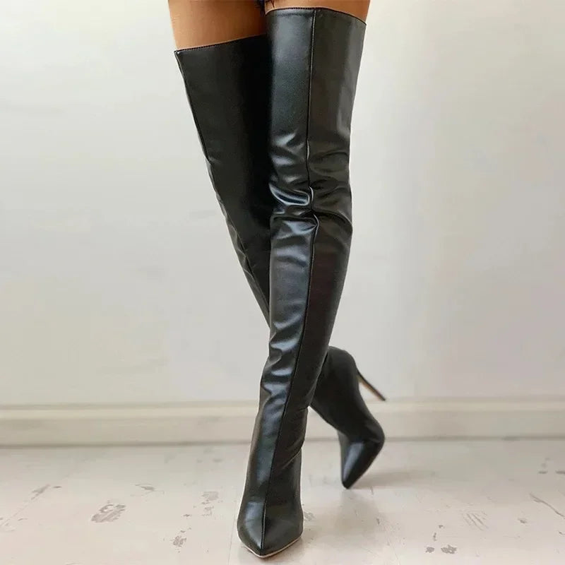 Damen Overknee Stiefel High Heel – Sexy Thigh High Boots aus Stretch-PU-Leder mit spitzer Zehenform (Größe 34–46)