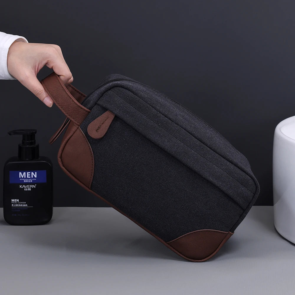 Großer Canvas-Leder Kulturbeutel – Retro Reise- & Rasierbeutel mit viel Stauraum, wasserdichter Kosmetik-Organizer für Damen & Herren
